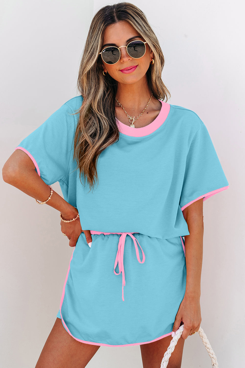 Colorblock Edge Drop Shoulder T Shirt and Skort 2Pcs Set- Turquoise, Evergreen, Bonbon