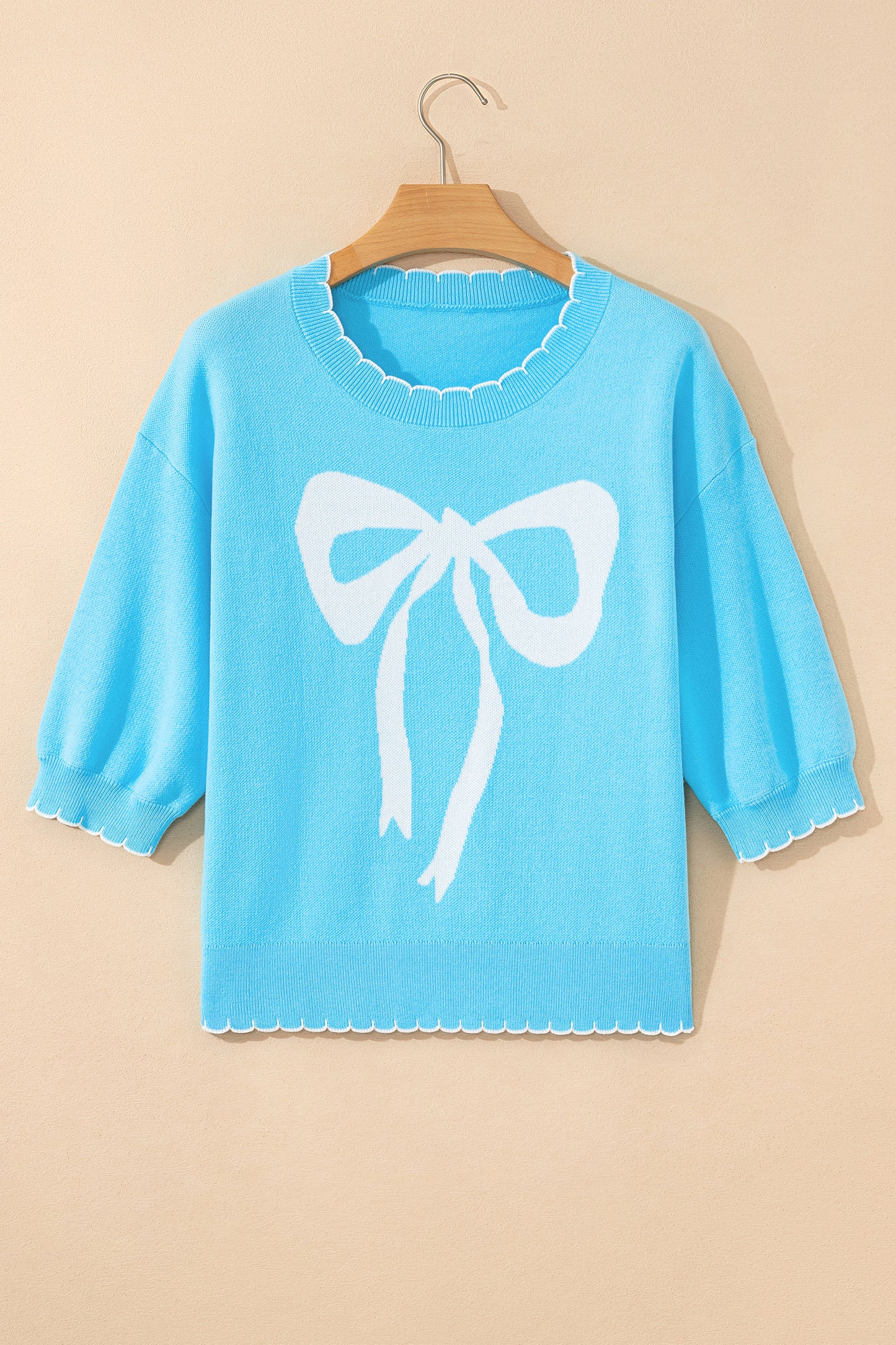 Light Blue Big Ribbon Bow Print Contrast Stitch Trim Drop Shoulder Sweater