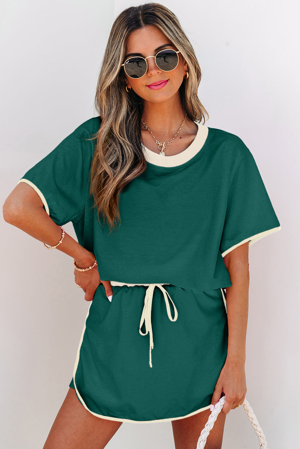 Colorblock Edge Drop Shoulder T Shirt and Skort 2Pcs Set- Turquoise, Evergreen, Bonbon